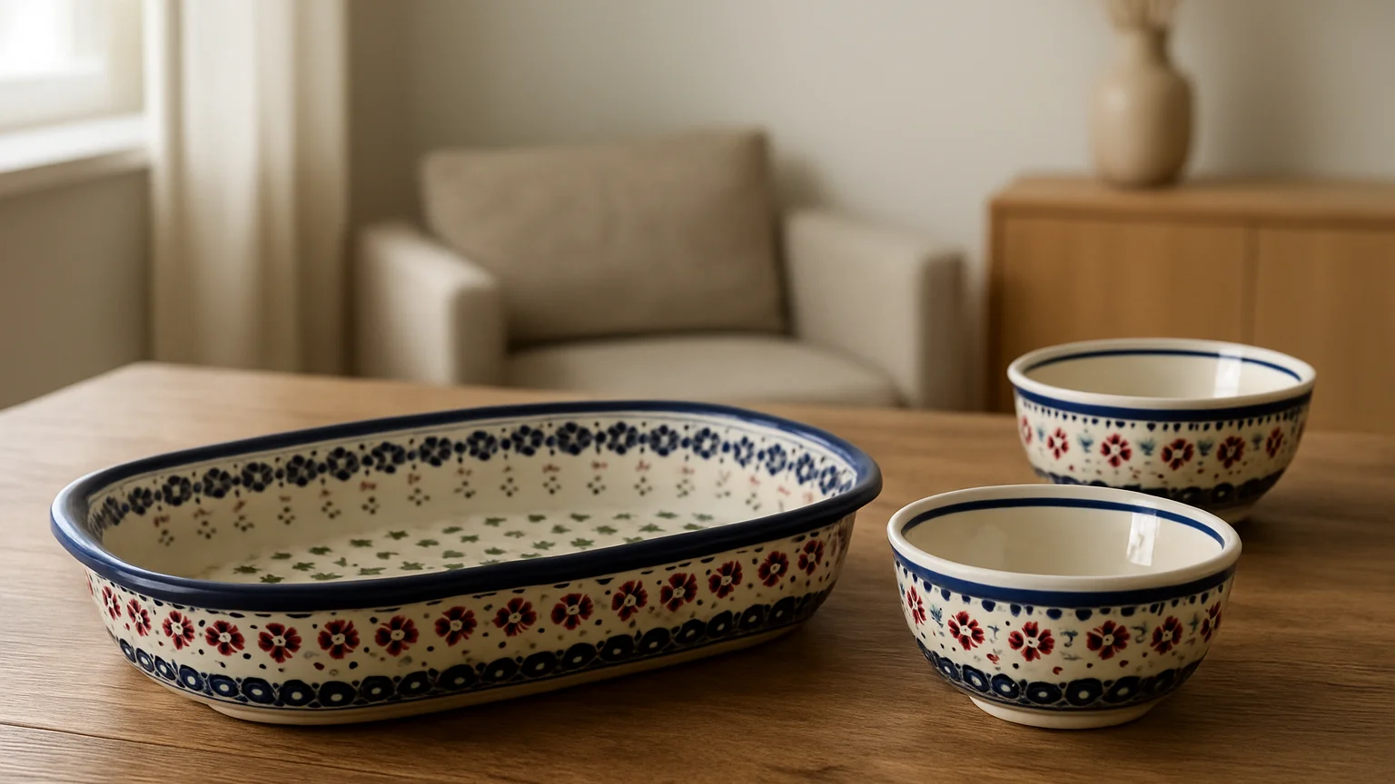 Soft window daylight, a Bolesławiec ceramic baking dish and match