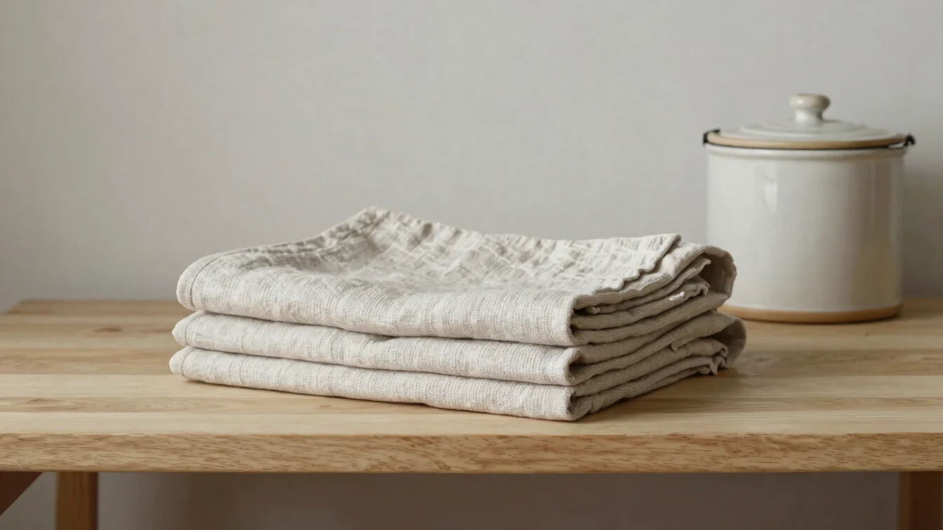 Folded linen table textiles and a ceramic storage canister on a p