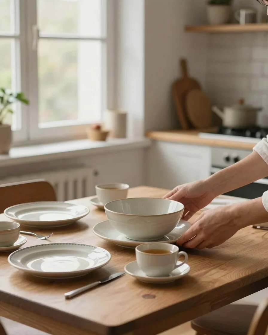 Warm home dining scene in soft natural daylight from a window: a