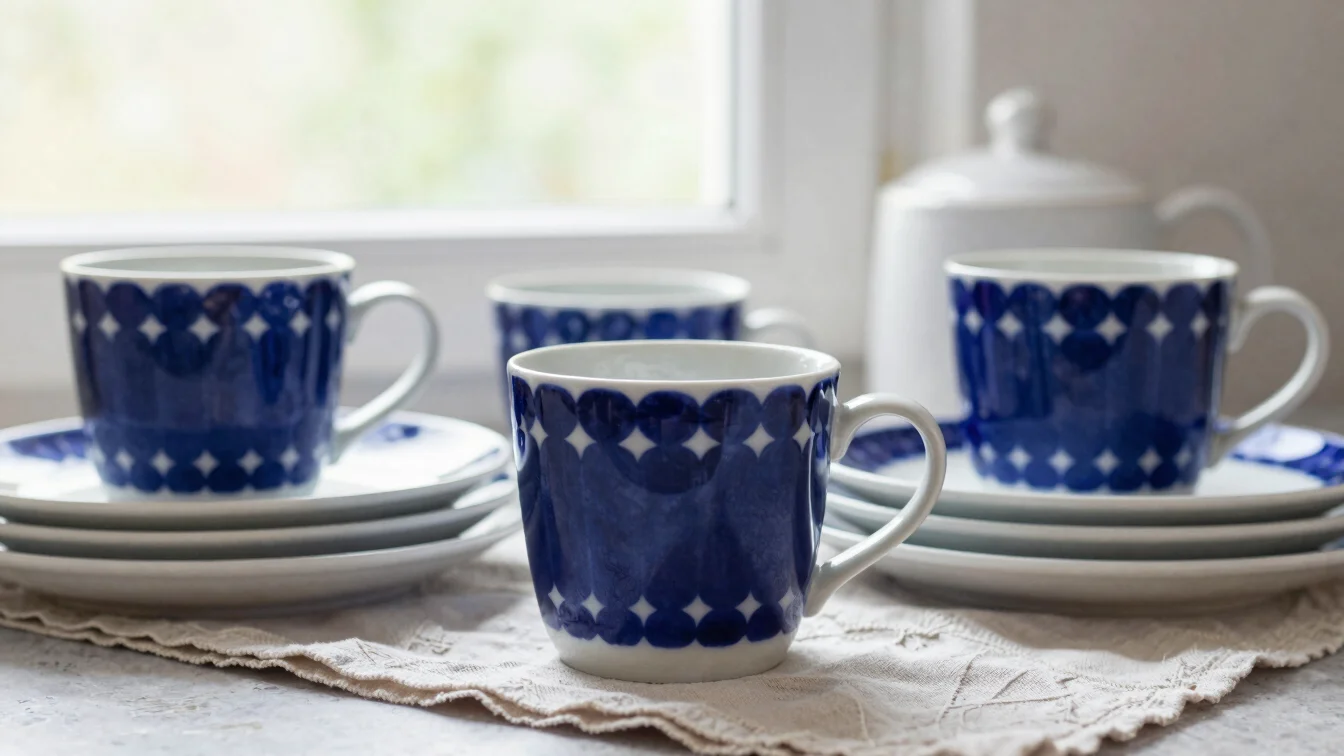 Soft daylight close-up of several cobalt-patterned Bolesławiec mu